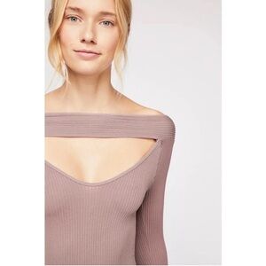 Free People Mauve Ribbed Off-Shoulder Long Sleeve Top